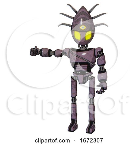 Automaton Containing Grey Alien Style Head and Yellow Eyes and Eyeball Creature Crown and Light Chest Exoshielding and Cable Sash and Ultralight Foot Exosuit. Lilac Metal. by Leo Blanchette