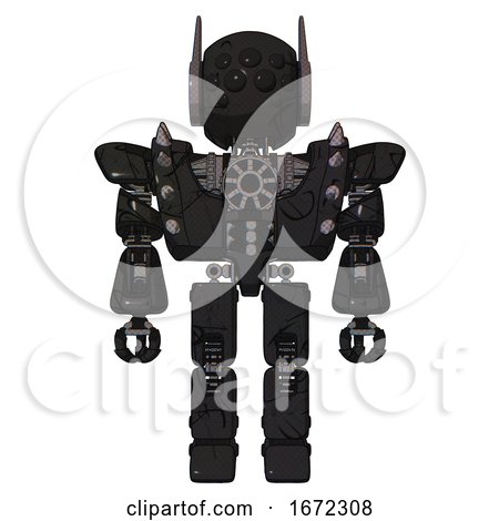 Mech Containing Round Head and Bug Eye Array and Head Winglets and Heavy Upper Chest and Heavy Mech Chest and Shoulder Spikes and Prototype Exoplate Legs. Toon Black Scribbles Sketch. Front View. by Leo Blanchette