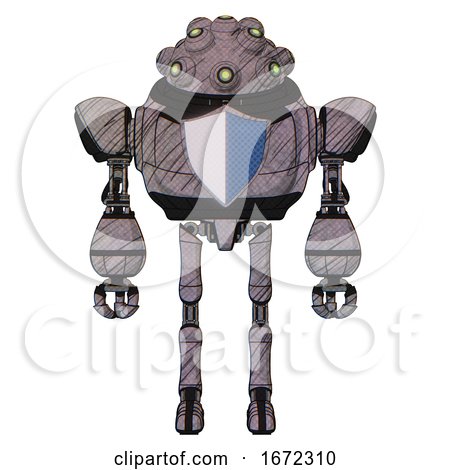 Cyborg Containing Techno Multi-eyed Domehead Design and Heavy Upper Chest and Blue Shield Defense Design and Ultralight Foot Exosuit. Dark Sketch Lines. Front View. by Leo Blanchette