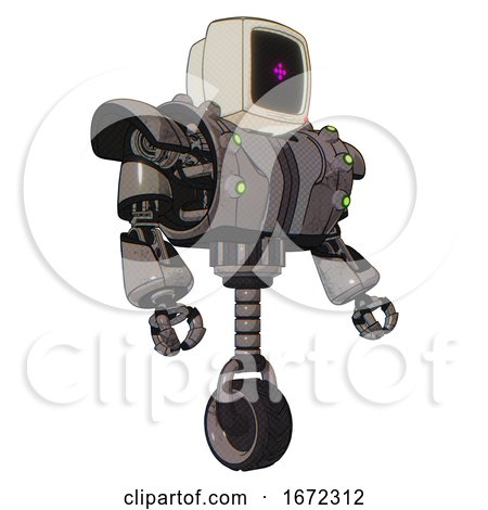 Droid Containing Old Computer Monitor and Magenta Symbol Display and Heavy Upper Chest and Heavy Mech Chest and Green Cable Sockets Array and Unicycle Wheel. Light Pink Beige. Facing Left View. by Leo Blanchette