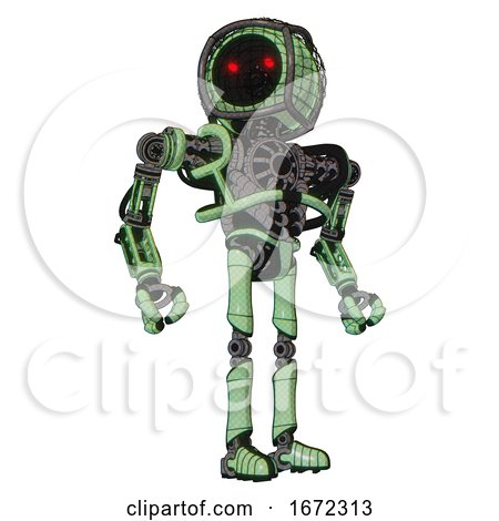 Robot Containing Round Barbed Wire Round Head and Heavy Upper Chest and No Chest Plating and Ultralight Foot Exosuit. Green Tint Toon. Hero Pose. by Leo Blanchette