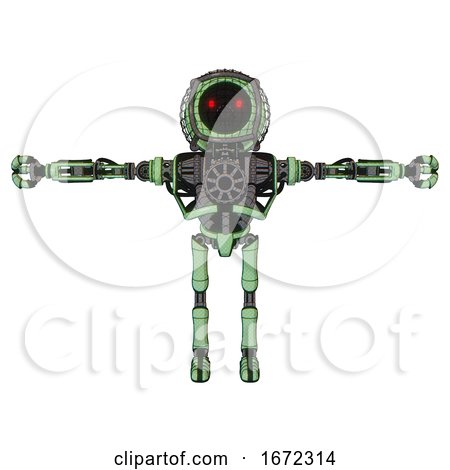 Robot Containing Round Barbed Wire Round Head and Heavy Upper Chest and No Chest Plating and Ultralight Foot Exosuit. Green Tint Toon. T-pose. by Leo Blanchette