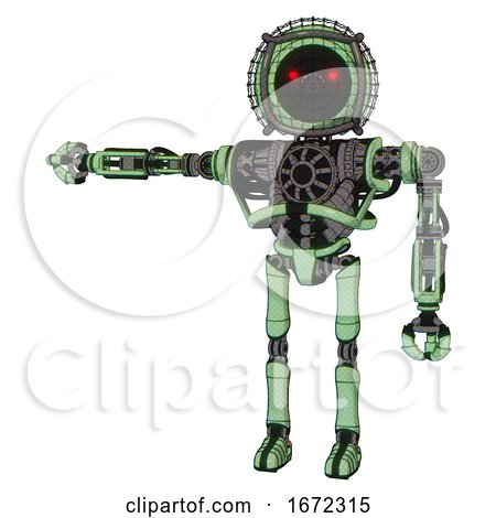 Robot Containing Round Barbed Wire Round Head and Heavy Upper Chest and No Chest Plating and Ultralight Foot Exosuit. Green Tint Toon. Arm out Holding Invisible Object.. by Leo Blanchette