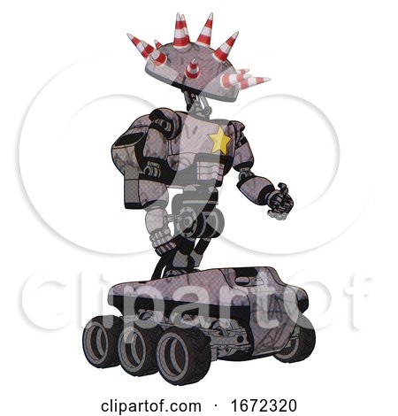 Bot Containing Red and White Cone Dome Head and Light Chest Exoshielding and Yellow Star and Rocket Pack and Six-wheeler Base. Dark Sketch Random Doodle. Facing Left View. by Leo Blanchette