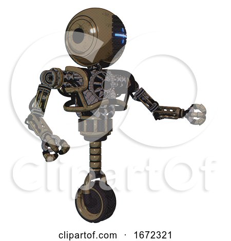 Robot Containing Round Head and Vertical Cyclops Visor and Heavy Upper Chest and No Chest Plating and Unicycle Wheel. Desert Tan Painted. Interacting. by Leo Blanchette