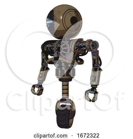 Robot Containing Round Head and Vertical Cyclops Visor and Heavy Upper Chest and No Chest Plating and Unicycle Wheel. Desert Tan Painted. Standing Looking Right Restful Pose. by Leo Blanchette