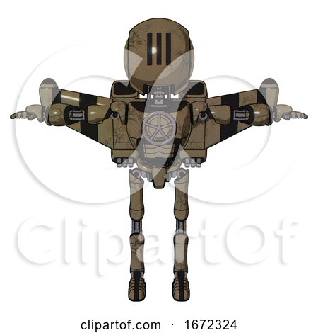 Bot Containing Round Head and Three Lens Sentinel Visor and Light Chest Exoshielding and Chest Valve Crank and Stellar Jet Wing Rocket Pack and Ultralight Foot Exosuit. Desert Tan Painted. T-pose. by Leo Blanchette