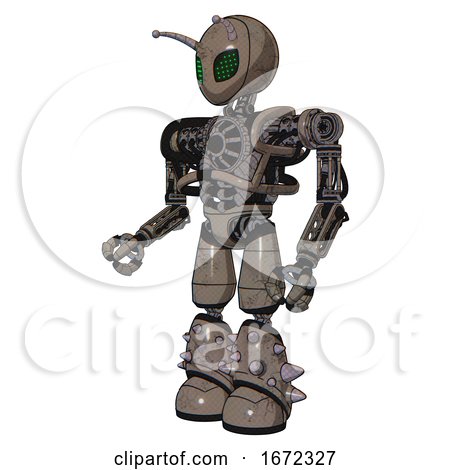 Mech Containing Grey Alien Style Head and Led Array Eyes and Bug Antennas and Heavy Upper Chest and No Chest Plating and Light Leg Exoshielding and Spike Foot Mod. Patent Khaki Metal. by Leo Blanchette