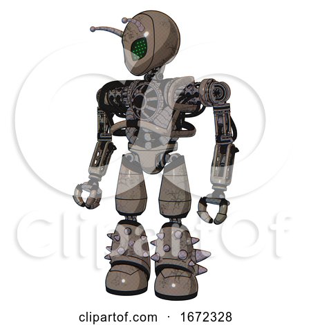 Mech Containing Grey Alien Style Head and Led Array Eyes and Bug Antennas and Heavy Upper Chest and No Chest Plating and Light Leg Exoshielding and Spike Foot Mod. Patent Khaki Metal. by Leo Blanchette
