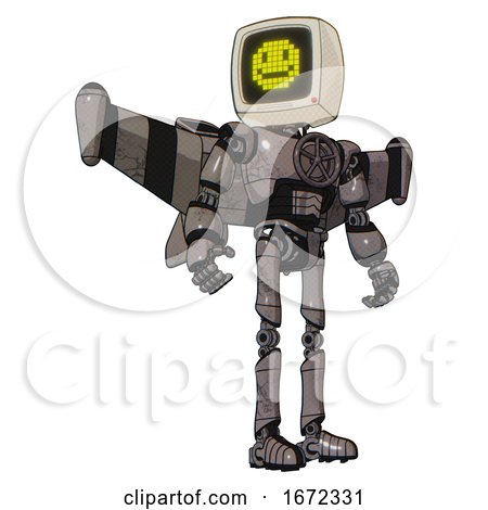 Robot Containing Old Computer Monitor and Pixel Design of Yellow Happy Face and Light Chest Exoshielding and Chest Valve Crank and Stellar Jet Wing Rocket Pack and Ultralight Foot Exosuit. by Leo Blanchette