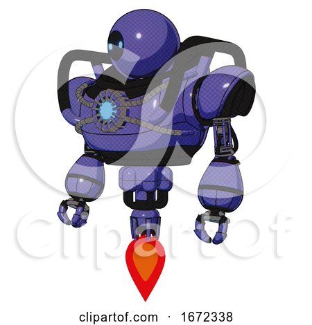 Droid Containing Dual Retro Camera Head and Black Circle Blue Eyes Head and Heavy Upper Chest and Chest Blue Energy Core and Jet Propulsion. Primary Blue Halftone. Standing Looking Right Restful Pose. by Leo Blanchette