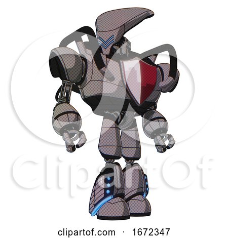 Mech Containing Flat Elongated Skull Head and Heavy Upper Chest and Red Shield Defense Design and Light Leg Exoshielding and Megneto-hovers Foot Mod. Halftone Gray. Hero Pose. by Leo Blanchette