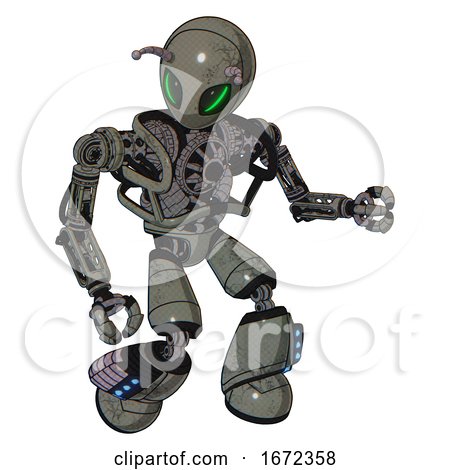 Bot Containing Grey Alien Style Head and Green Demon Eyes and Bug Antennas and Heavy Upper Chest and No Chest Plating and Light Leg Exoshielding and Megneto-hovers Foot Mod. Concrete Grey Metal. by Leo Blanchette