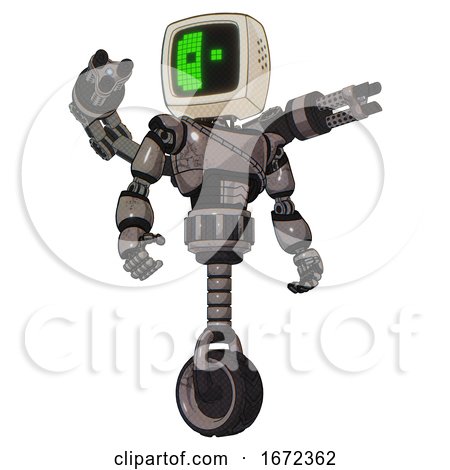 Robot Containing Old Computer Monitor and Abstract Mask Pixel Face and Light Chest Exoshielding and Cable Sash and Minigun Back Assembly and Unicycle Wheel. Light Pink Beige. Hero Pose. by Leo Blanchette