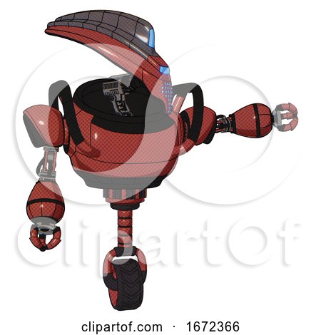 Automaton Containing Flat Elongated Skull Head and Visor and Heavy Upper Chest and Unicycle Wheel. Light Brick Red. Pointing Left or Pushing a Button.. by Leo Blanchette