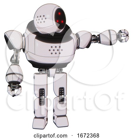 Droid Containing Three Led Eyes Round Head and Heavy Upper Chest and Prototype Exoplate Legs. White Halftone Toon. Pointing Left or Pushing a Button.. by Leo Blanchette