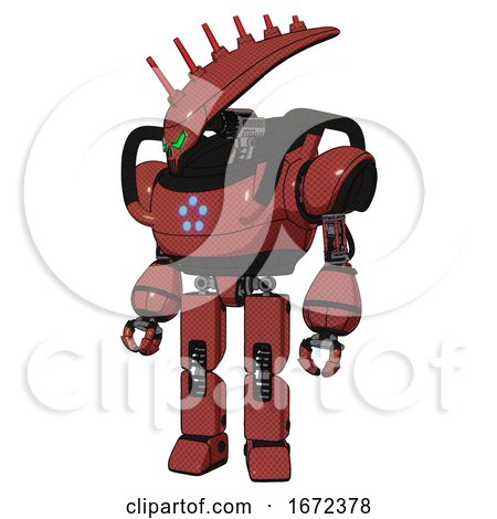 Mech Containing Flat Elongated Skull Head and Heavy Upper Chest and Circle of Blue Leds and Prototype Exoplate Legs. Light Brick Red. Standing Looking Right Restful Pose. by Leo Blanchette