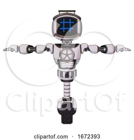 Bot Containing Digital Display Head and Hashtag Face and Led and Protection Bars and Light Chest Exoshielding and Chest Valve Crank and Unicycle Wheel. White Halftone Toon. T-pose. by Leo Blanchette