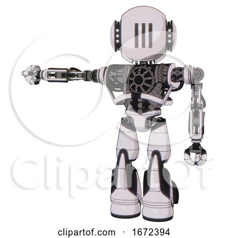 Bot Containing Round Head and Three Lens Sentinel Visor and Head Light Gadgets and Heavy Upper Chest and No Chest Plating and Light Leg Exoshielding and Stomper Foot Mod. White Halftone Toon. by Leo Blanchette
