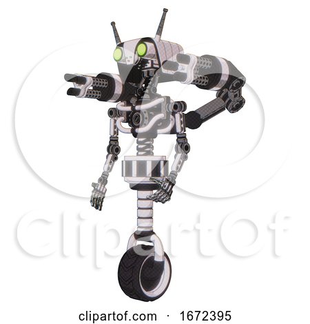 Robot Containing Dual Retro Camera Head and Cyborg Antenna Head and Light Chest Exoshielding and Minigun Back Assembly and No Chest Plating and Unicycle Wheel. White Halftone Toon. Facing Right View. by Leo Blanchette