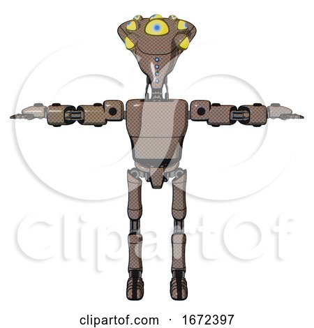 Automaton Containing Flat Elongated Skull Head and Yellow Eyeball Array and Light Chest Exoshielding and Prototype Exoplate Chest and Ultralight Foot Exosuit. Khaki Halftone. T-pose. by Leo Blanchette