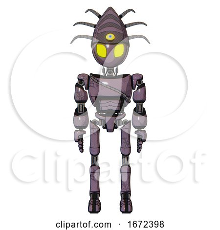 Automaton Containing Grey Alien Style Head and Yellow Eyes and Eyeball Creature Crown and Light Chest Exoshielding and Cable Sash and Ultralight Foot Exosuit. Lilac Metal. Front View. by Leo Blanchette