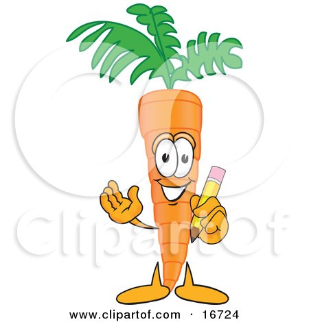 Clipart Picture of an Orange Carrot Mascot Cartoon Character Holding a Yellow Pencil With an Eraser Tip by Mascot Junction
