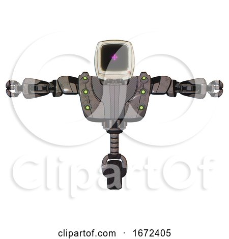Droid Containing Old Computer Monitor and Magenta Symbol Display and Heavy Upper Chest and Heavy Mech Chest and Green Cable Sockets Array and Unicycle Wheel. Light Pink Beige. T-pose. by Leo Blanchette
