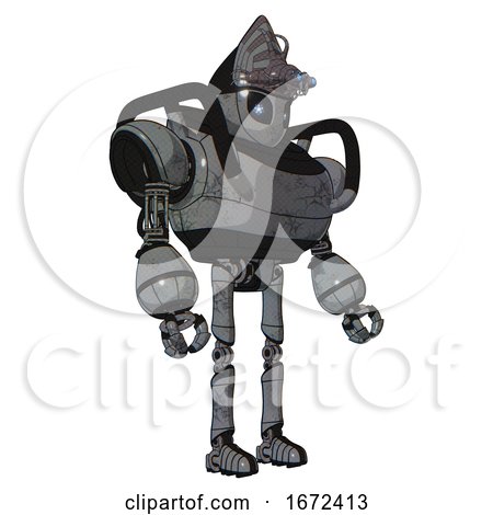 Droid Containing Grey Alien Style Head and Electric Eyes and Alien Bug Creature Hat and Heavy Upper Chest and Ultralight Foot Exosuit. Patent Concrete Gray Metal. Facing Left View. by Leo Blanchette