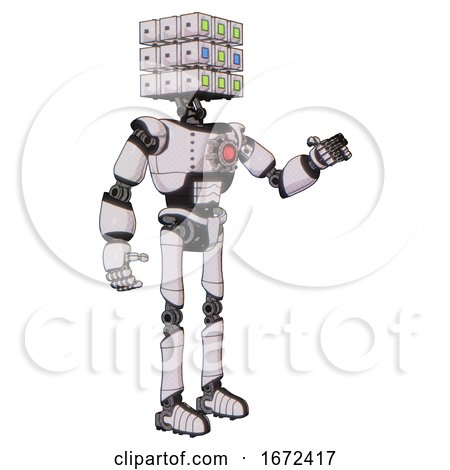 Bot Containing Dual Retro Camera Head and Cube Array Head and Light Chest Exoshielding and Red Energy Core and Ultralight Foot Exosuit. White Halftone Toon. Interacting. by Leo Blanchette