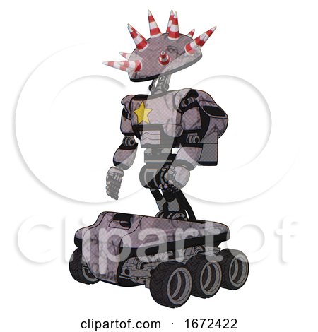 Bot Containing Red and White Cone Dome Head and Light Chest Exoshielding and Yellow Star and Rocket Pack and Six-wheeler Base. Dark Sketch Random Doodle. Facing Right View. by Leo Blanchette