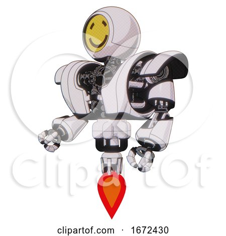 Automaton Containing Round Head Yellow Happy Face and Heavy Upper Chest and Heavy Mech Chest and Jet Propulsion. White Halftone Toon. Facing Right View. by Leo Blanchette