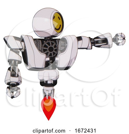 Automaton Containing Round Head Yellow Happy Face and Heavy Upper Chest and Heavy Mech Chest and Jet Propulsion. White Halftone Toon. Pointing Left or Pushing a Button.. by Leo Blanchette