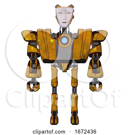 Mech Containing Humanoid Face Mask and Spiral Design and Heavy Upper Chest and Heavy Mech Chest and Blue Energy Fission Element Chest and Ultralight Foot Exosuit. Worn Construction Yellow. Front View. by Leo Blanchette