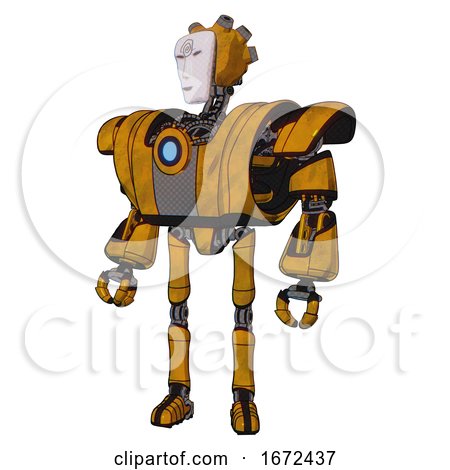 Mech Containing Humanoid Face Mask and Spiral Design and Heavy Upper Chest and Heavy Mech Chest and Blue Energy Fission Element Chest and Ultralight Foot Exosuit. Worn Construction Yellow. by Leo Blanchette