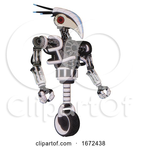 Bot Containing Bird Skull Head and Red Led Circle Eyes and Head Shield Design and Heavy Upper Chest and No Chest Plating and Unicycle Wheel. White Halftone Toon. Facing Left View. by Leo Blanchette