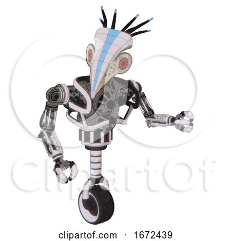 Bot Containing Bird Skull Head and Red Led Circle Eyes and Head Shield Design and Heavy Upper Chest and No Chest Plating and Unicycle Wheel. White Halftone Toon. Fight or Defense Pose.. by Leo Blanchette