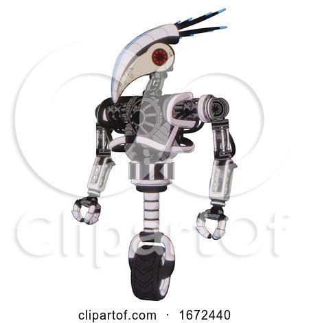Bot Containing Bird Skull Head and Red Led Circle Eyes and Head Shield Design and Heavy Upper Chest and No Chest Plating and Unicycle Wheel. White Halftone Toon. Standing Looking Right Restful Pose. by Leo Blanchette