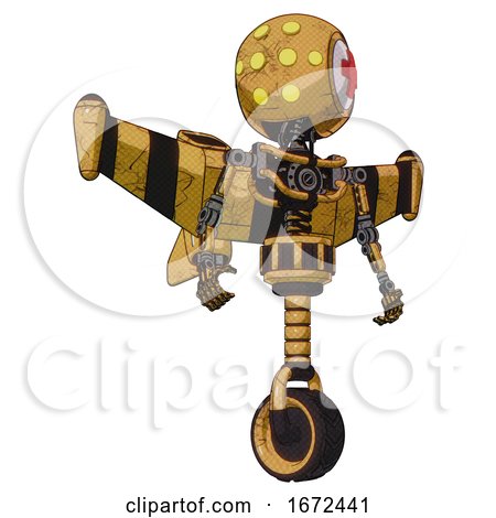 Robot Containing Round Head and Yellow Eyes Array and First Aid Emblem and Light Chest Exoshielding and Stellar Jet Wing Rocket Pack and No Chest Plating and Unicycle Wheel. by Leo Blanchette
