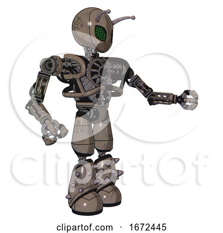 Mech Containing Grey Alien Style Head and Led Array Eyes and Bug Antennas and Heavy Upper Chest and No Chest Plating and Light Leg Exoshielding and Spike Foot Mod. Patent Khaki Metal. Interacting. by Leo Blanchette
