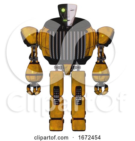 Automaton Containing Humanoid Face Mask and Two-face Black White Mask and Heavy Upper Chest and Chest Vents and Prototype Exoplate Legs. Worn Construction Yellow. Front View. by Leo Blanchette