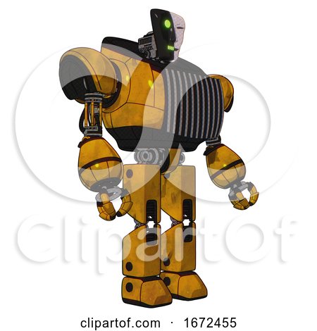 Automaton Containing Humanoid Face Mask and Two-face Black White Mask and Heavy Upper Chest and Chest Vents and Prototype Exoplate Legs. Worn Construction Yellow. Facing Left View. by Leo Blanchette