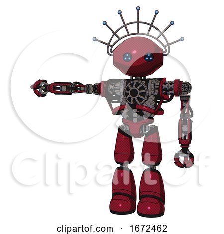 Robot Containing Oval Wide Head and Blue Led Eyes and Techno Halo Ornament and Heavy Upper Chest and No Chest Plating and Light Leg Exoshielding. Fire Engine Red Halftone. by Leo Blanchette