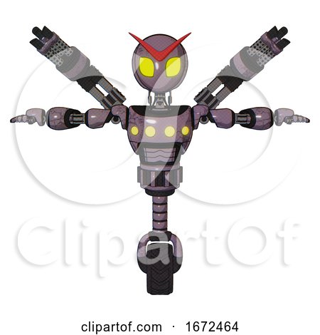 Automaton Containing Grey Alien Style Head and Yellow Eyes and Light Chest Exoshielding and Yellow Chest Lights and Minigun Back Assembly and Unicycle Wheel. Lilac Metal. T-pose. by Leo Blanchette
