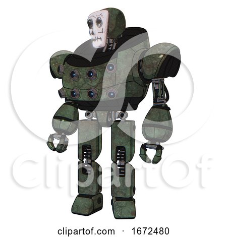 Bot Containing Humanoid Face Mask and Skeleton War Paint and Heavy Upper Chest and Chest Energy Sockets and Prototype Exoplate Legs. Old Corroded Copper. Standing Looking Right Restful Pose. by Leo Blanchette