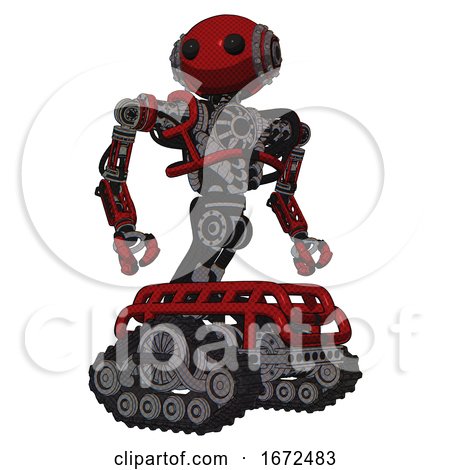 Cyborg Containing Oval Wide Head and Beady Black Eyes and Steampunk Iron Bands with Bolts and Heavy Upper Chest and No Chest Plating and Tank Tracks. Dark Red. Hero Pose. by Leo Blanchette