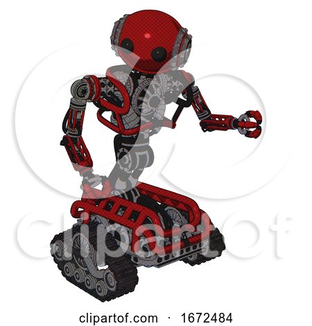 Cyborg Containing Oval Wide Head and Beady Black Eyes and Steampunk Iron Bands with Bolts and Heavy Upper Chest and No Chest Plating and Tank Tracks. Dark Red. Fight or Defense Pose.. by Leo Blanchette