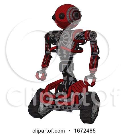 Cyborg Containing Oval Wide Head and Beady Black Eyes and Steampunk Iron Bands with Bolts and Heavy Upper Chest and No Chest Plating and Tank Tracks. Dark Red. Standing Looking Right Restful Pose. by Leo Blanchette
