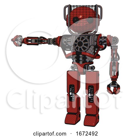 Bot Containing Oval Wide Head and Beady Black Eyes and Barbed Wire Visor Helmet and Heavy Upper Chest and No Chest Plating and Prototype Exoplate Legs. Cherry Tomato Red. by Leo Blanchette