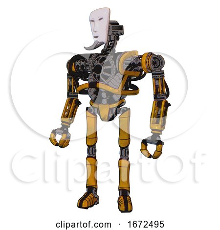 Droid Containing Humanoid Face Mask and Heavy Upper Chest and No Chest Plating and Ultralight Foot Exosuit. Worn Construction Yellow. Standing Looking Right Restful Pose. by Leo Blanchette